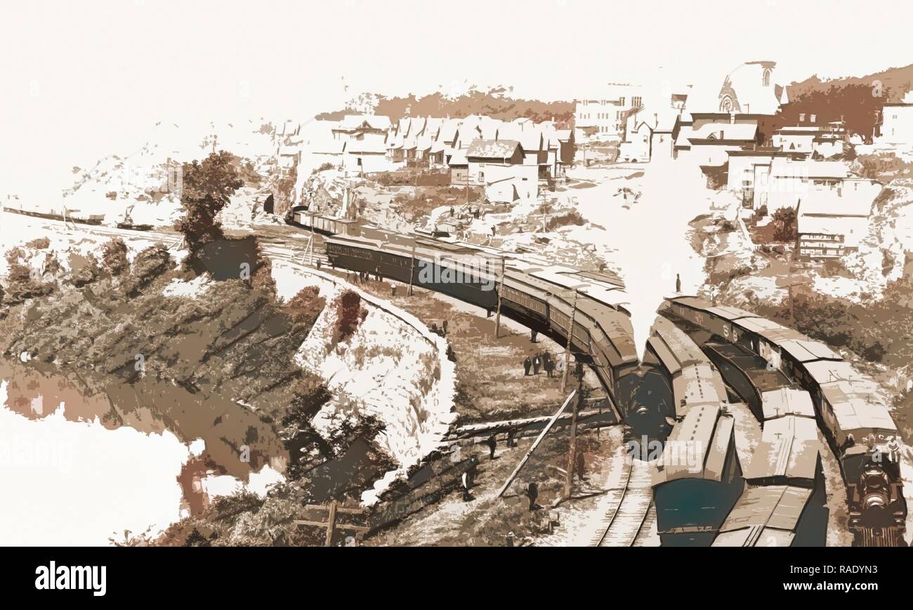 N.Y.C.R.R. New York Central Railroad at Little Falls, Mohawk Valley, N.Y, Jackson, William Henry, 1843-1942 reimagined Stock Photo