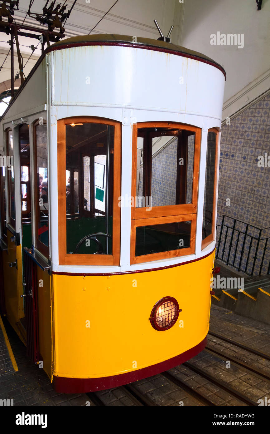 Lisbon, Portugal yellow funicular tram tram, symbol of Lisbon close-up view Stock Photo