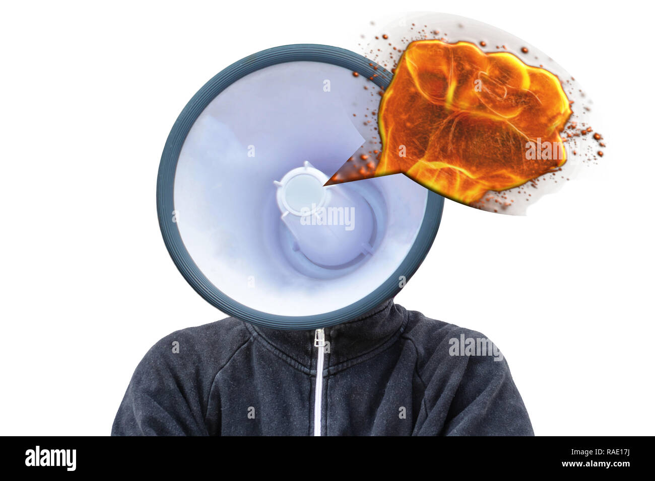 Head as a megaphone or loudspeaker. Communication concept, performance