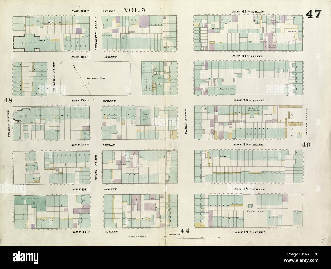 Plate 47: Map bounded by East 22nd Street, Second Avenue, East 17th Street, Fourth Avenue. 1857, 1862, Perris and reimagined Stock Photo