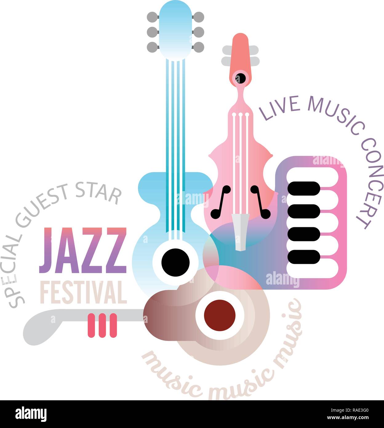 Music festival vector poster design isolated on a white background. Art composition of musical instruments and text. Jazz band. Stock Vector