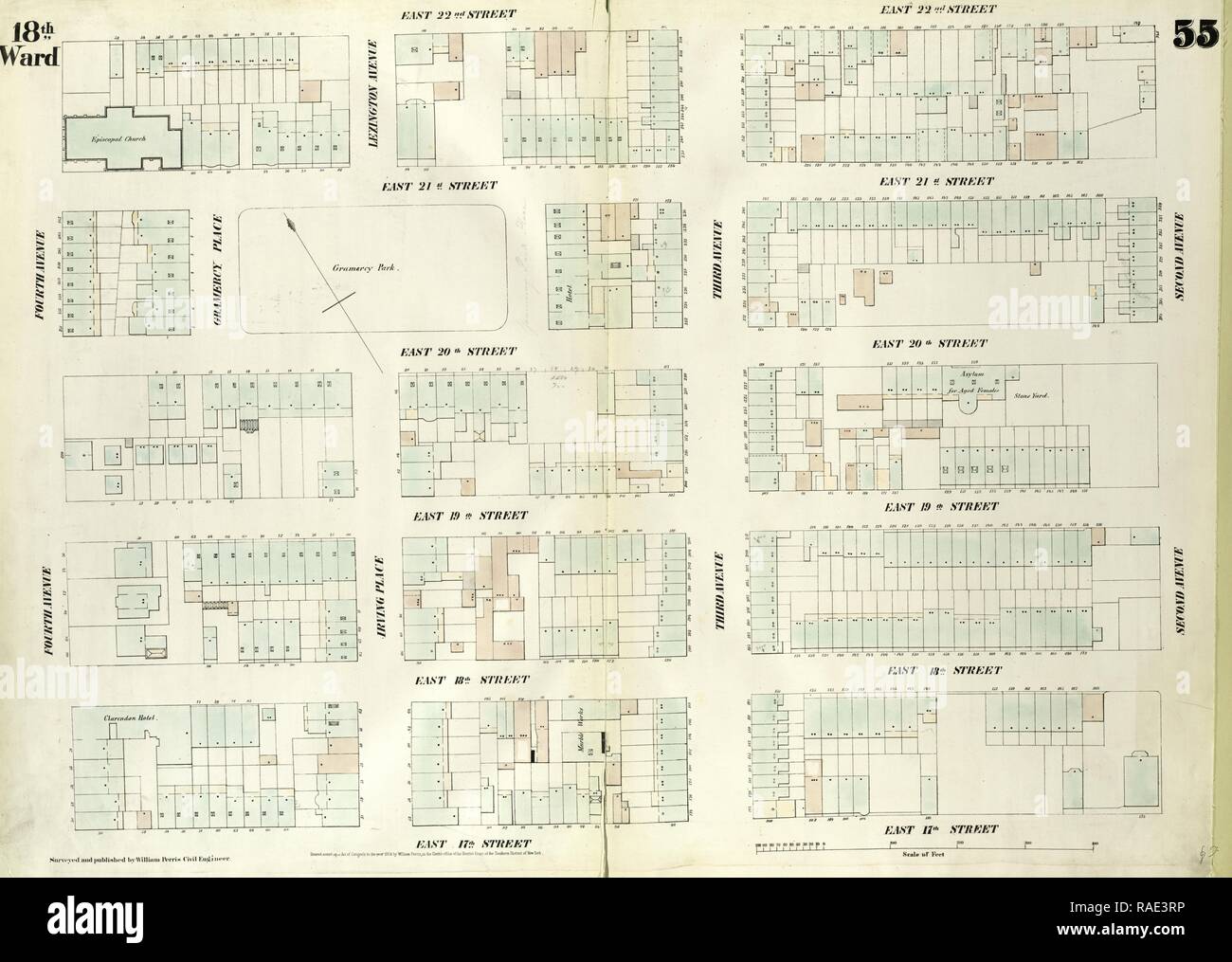 Plate 55: Map bounded by East 22nd Street, Second Avenue, East 17th Street, Fourth Avenue. 1852, 1854, William Perris reimagined Stock Photo
