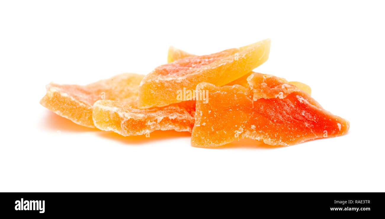 candied, aka crystallized fruit isolated on white background papaya