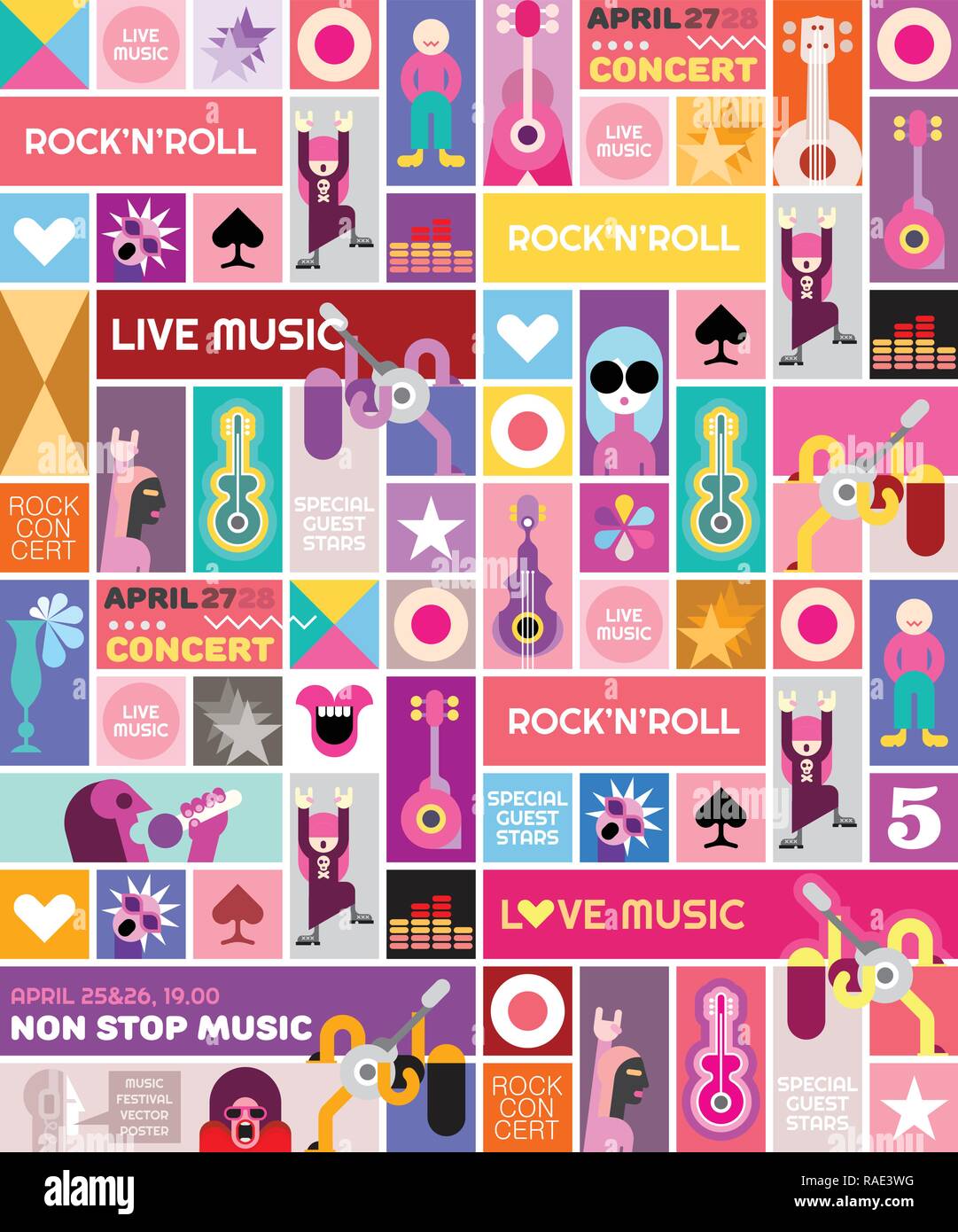 Rock concert poster vector template design. Large collage of many