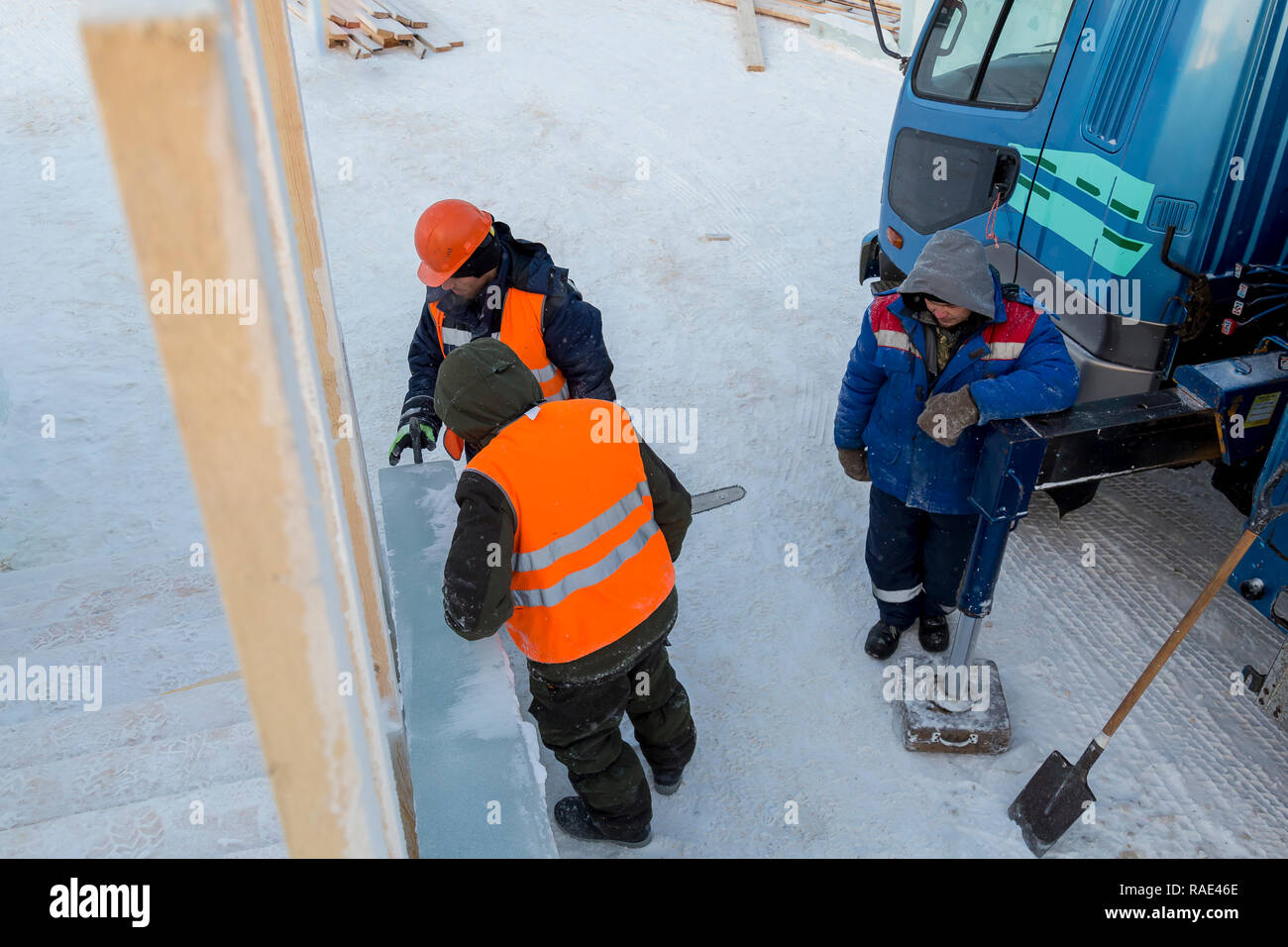 Installers are building an ice town of ice blocks Stock Photo Alamy