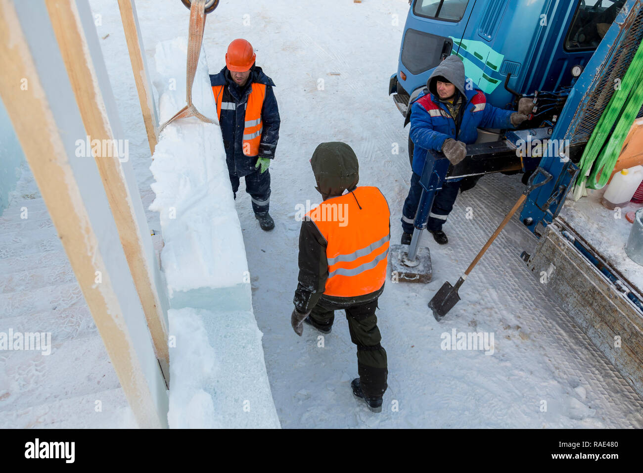 Installers are building an ice town of ice blocks Stock Photo Alamy