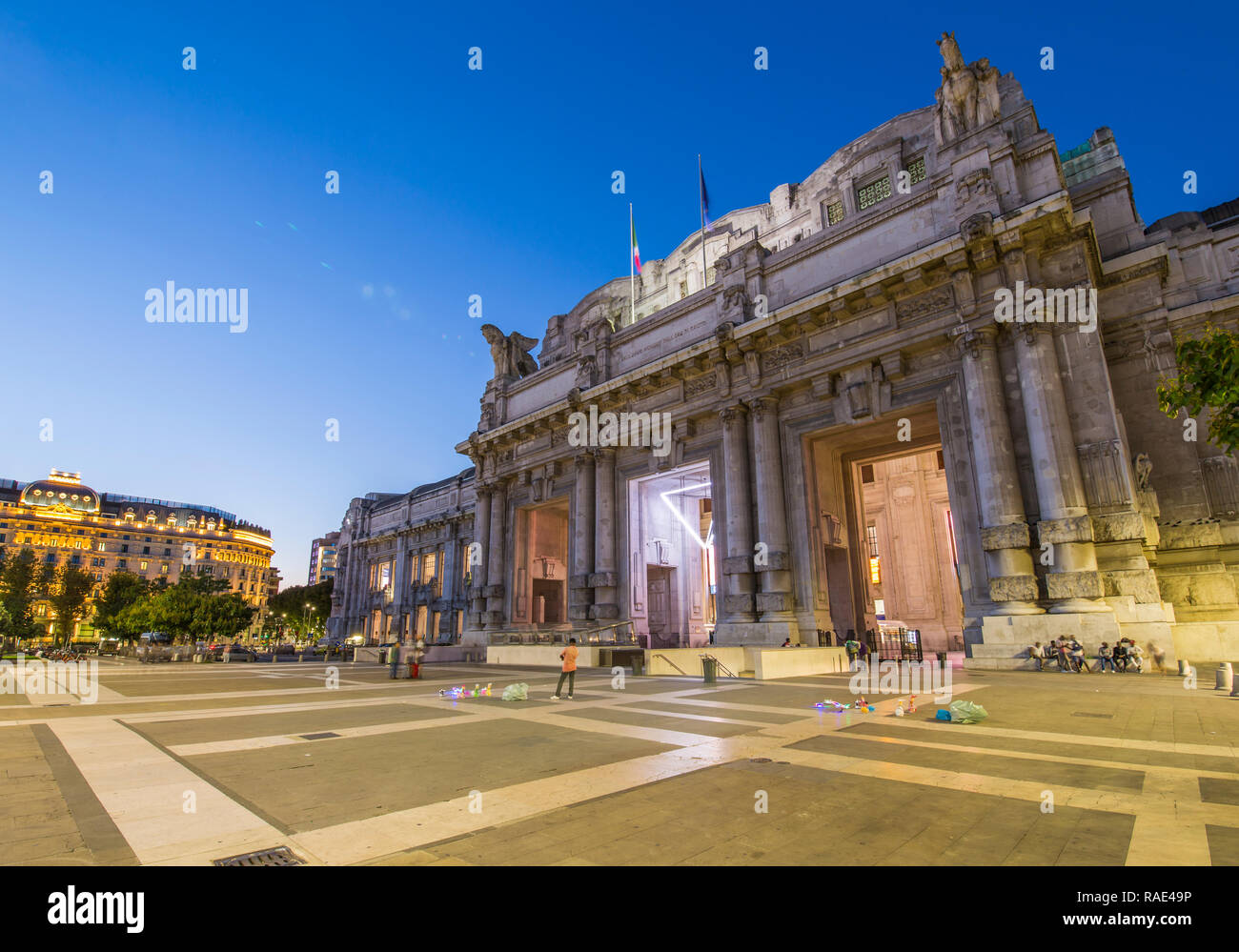View of Milan Central Station at dusk, Milan, Lombardy, Italy, Europe Stock Photo