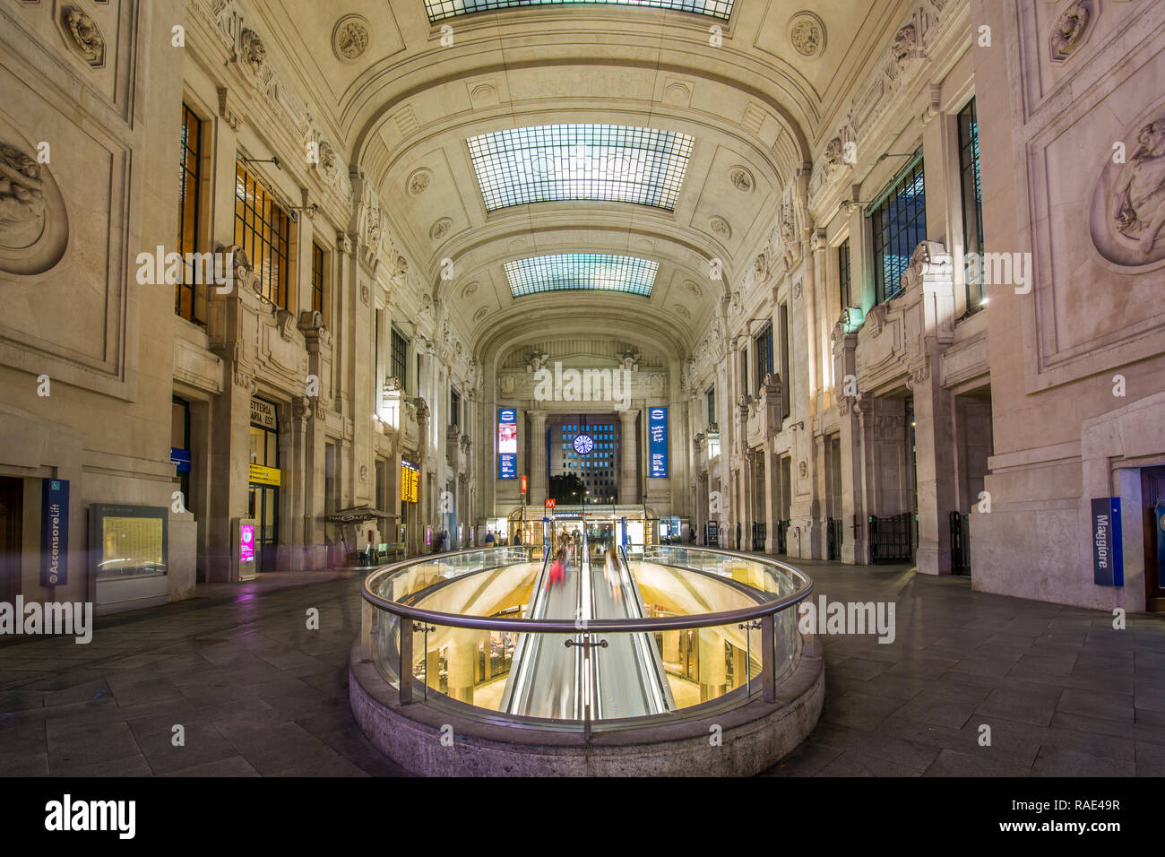 View of interior of Milan Central Station at dusk, Milan, Lombardy, Italy, Europe Stock Photo