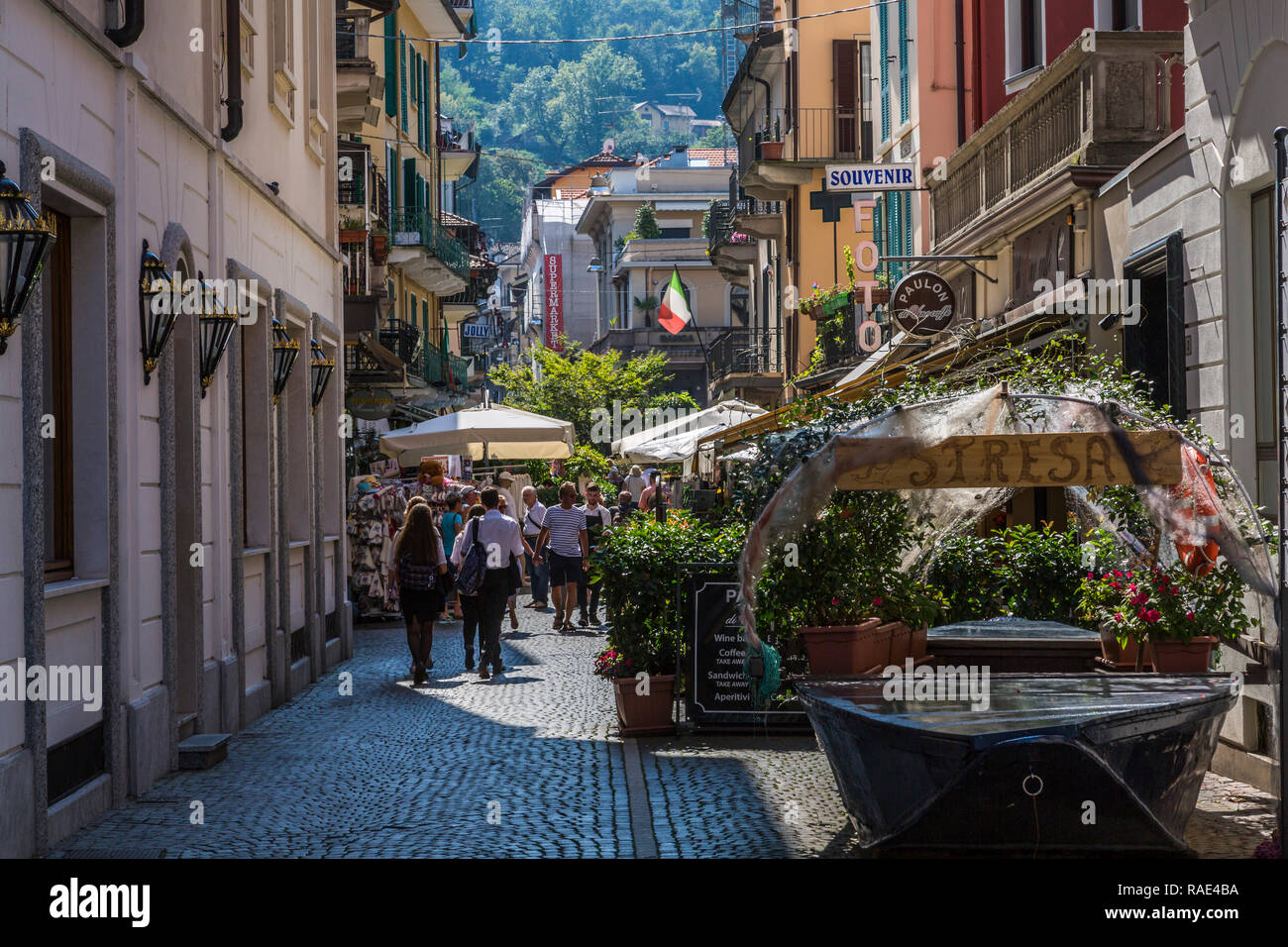 View of busy street in Stresa, Lago Maggiore, Piedmont, Italian Lakes, Italy, Europe Stock Photo