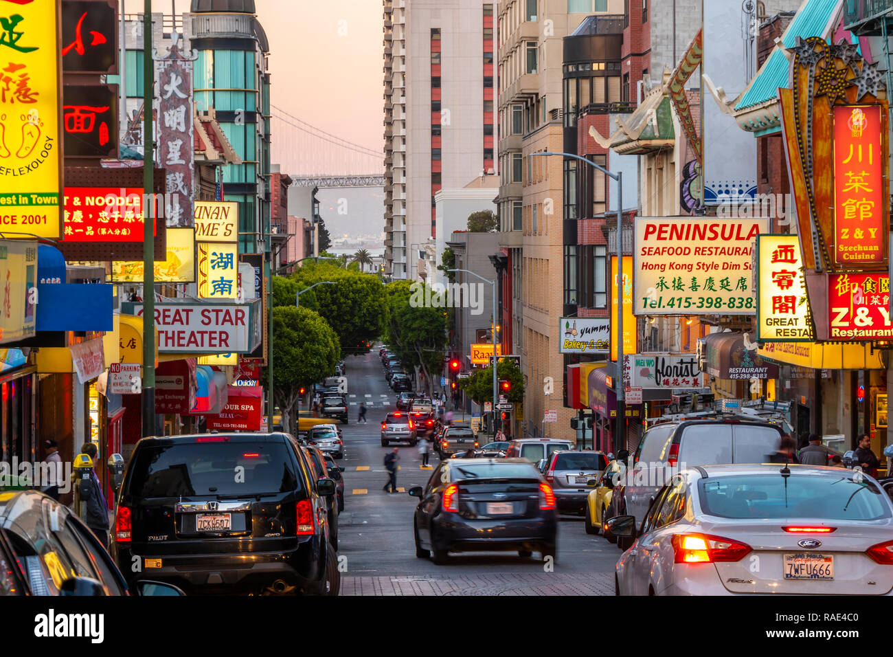 View of neon lights on busy street in Chinatown, San Francisco, California, United States of America, North America Stock Photo
