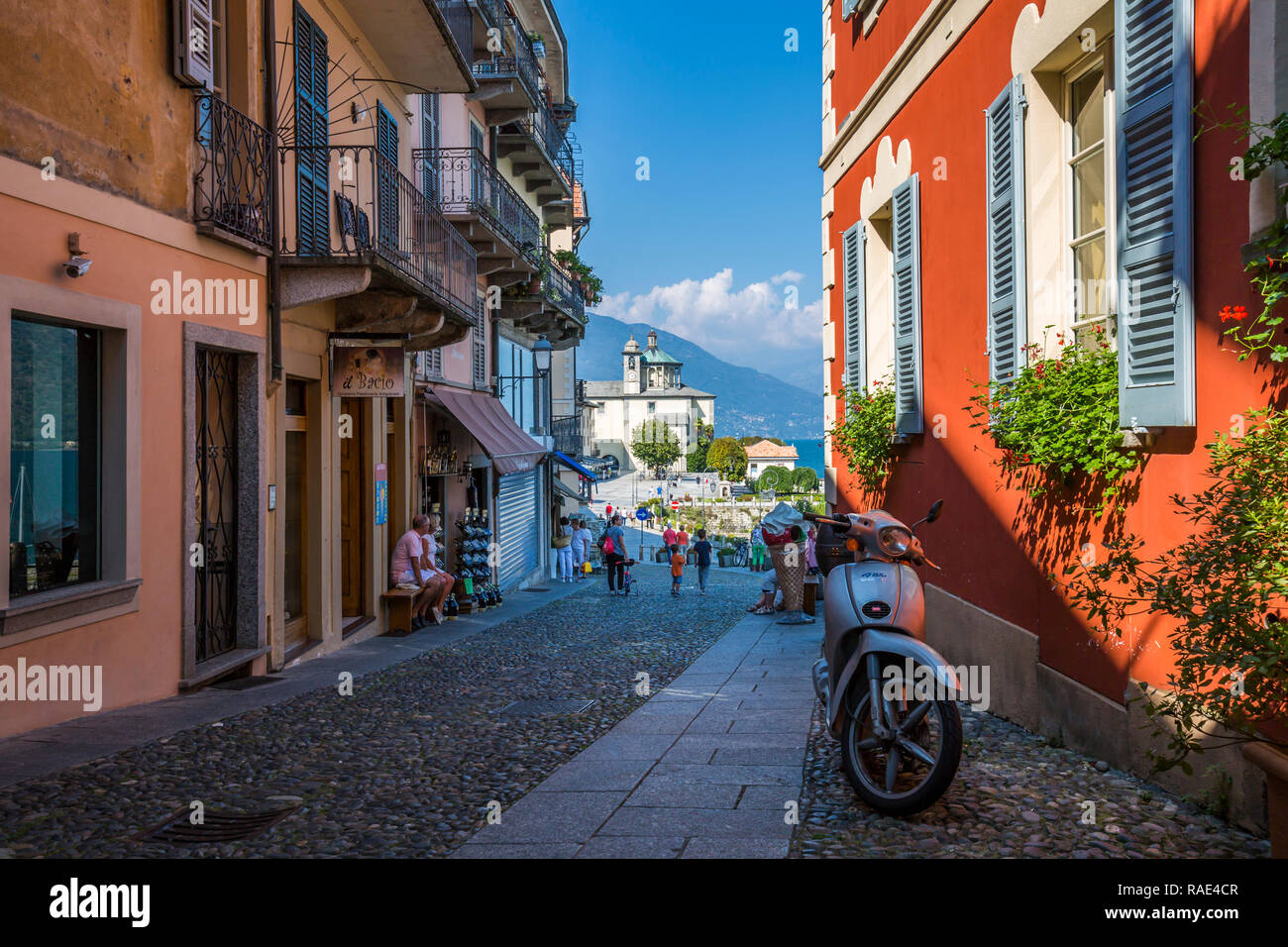 View of cobbled street and Santuario della SS Pieta Church in Cannobio, Lake Maggiore, Piedmont, Italian Lakes, Italy, Europe Stock Photo