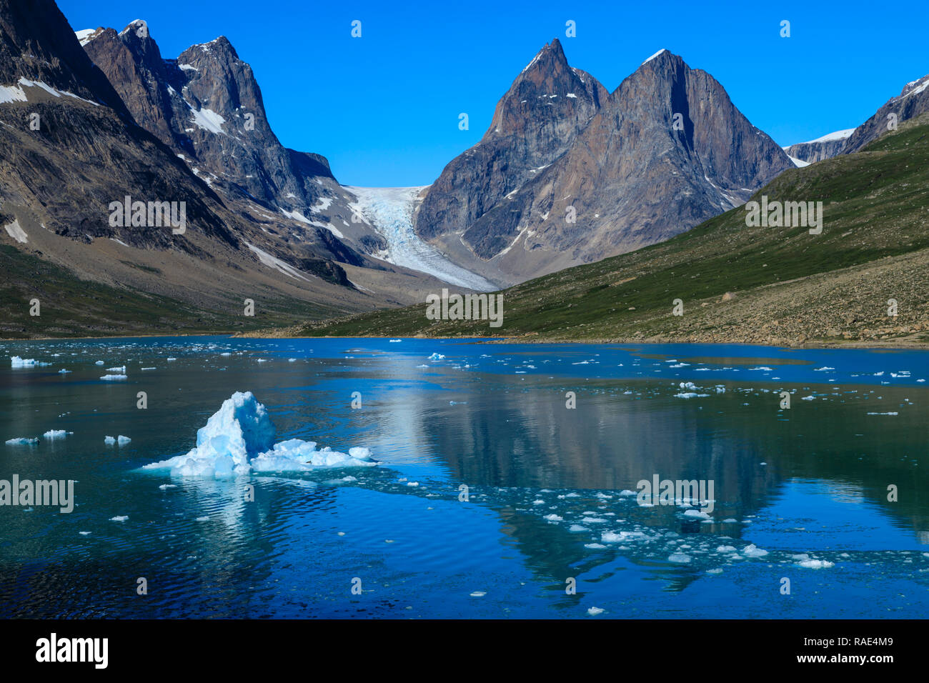 Blue iceberg, pyramidal peaks, glacier, rugged South Skjoldungen Fjord