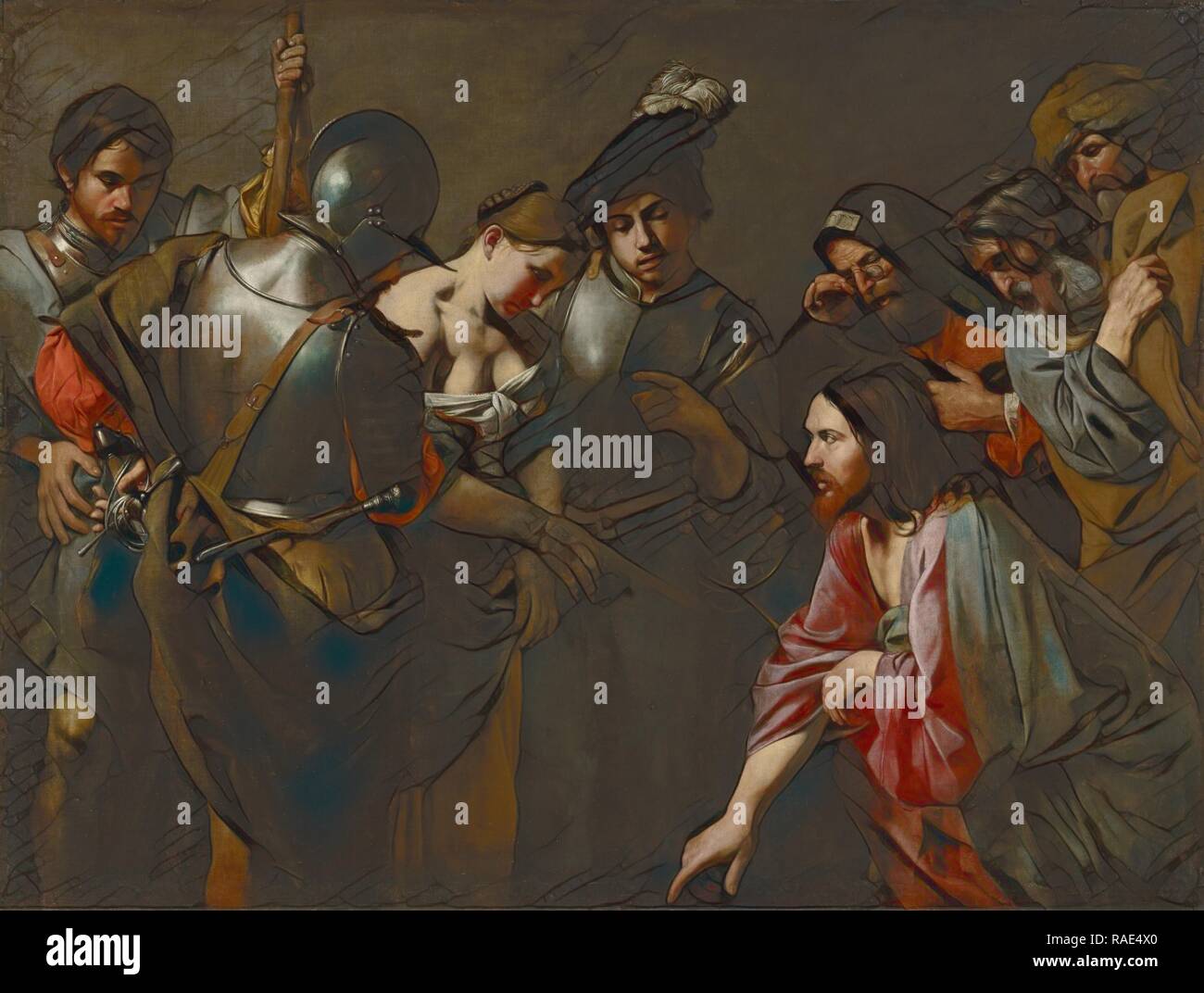 Christ and the Adulteress, Valentin de Boulogne (French, 1591 - 1632), about 1620s, Oil on canvas, 167 × 221.3 cm (65 reimagined Stock Photo