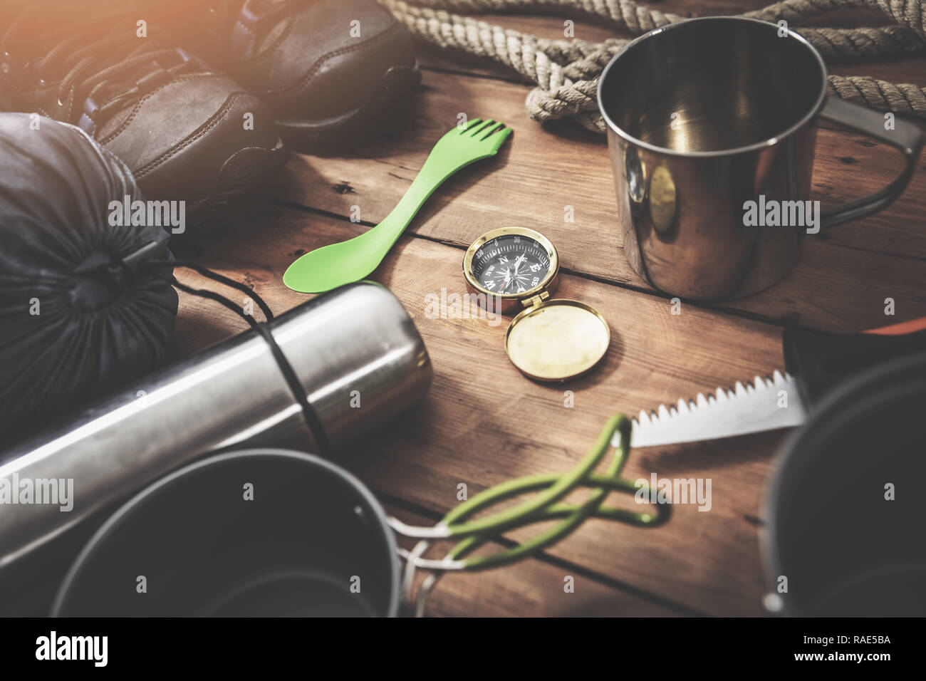time for adventures - set of expedition camping equipment Stock Photo