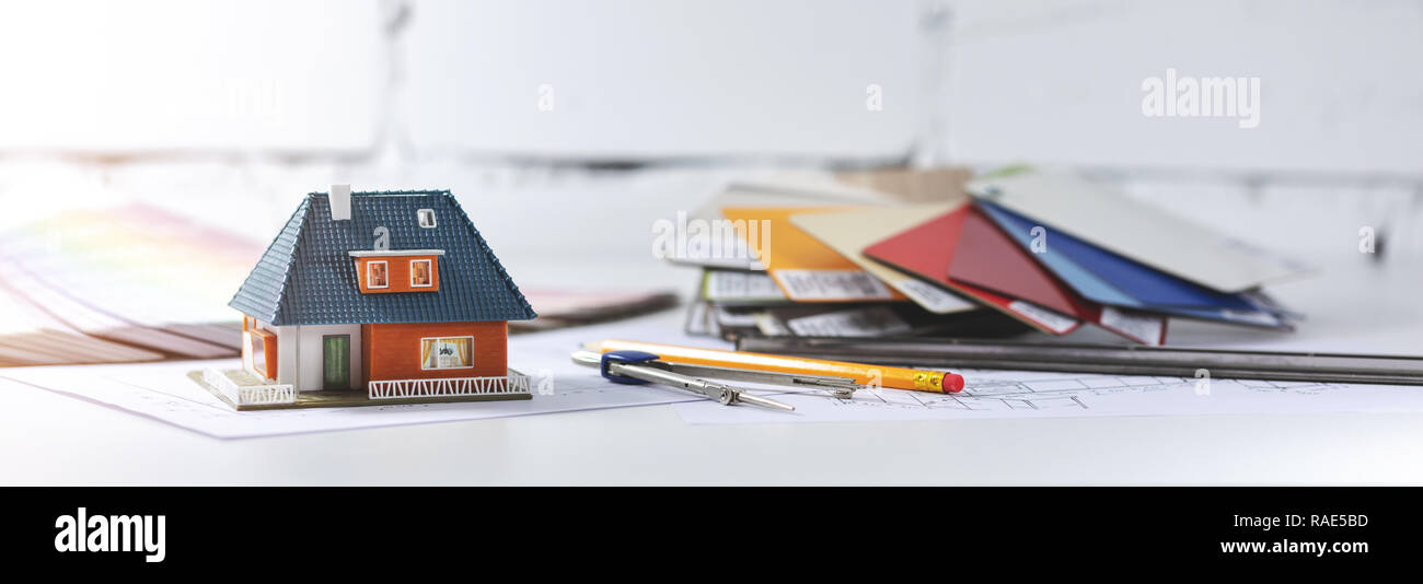 architect designer workplace with tools on the table in office Stock Photo