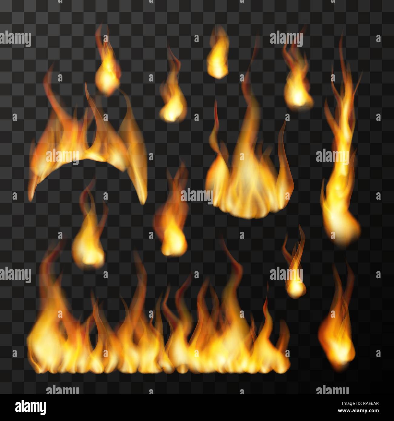 Set of bright different fire flames on transparent background Stock ...
