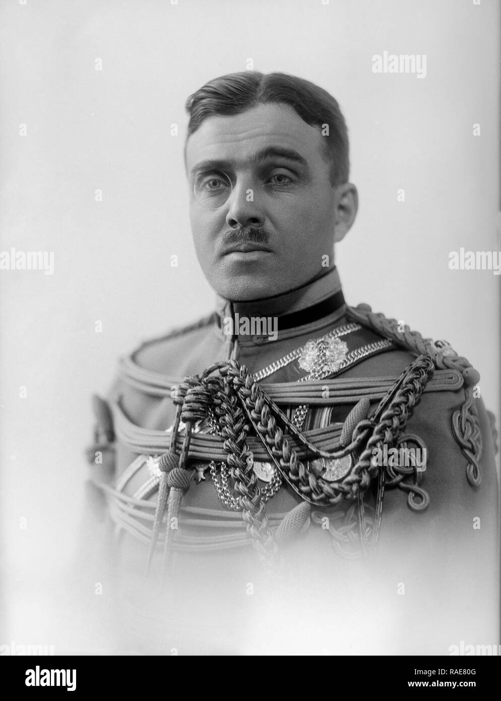 Photograph taken on 30th April 1924. Lieutenant-Colonel Latham Valentine Stewart Blacker OBE (1 October 1887 – 19 April 1964) was a British Army officer and inventor of weapons; he invented the Blacker Bombard, from which was developed the Hedgehog anti-submarine spigot-mortar - and laid the basis of the PIAT anti tank weaponHe served in Afghanistan, Turkestan, and Russia, earning several mentions in dispatches. He served with the 69th Punjabis, Queen's Own Corps of Guides, and 57th Wilde's Rifles.He had learned to fly in 1911, receiving Certificate No. 121 from the Royal Aero Club. Stock Photo