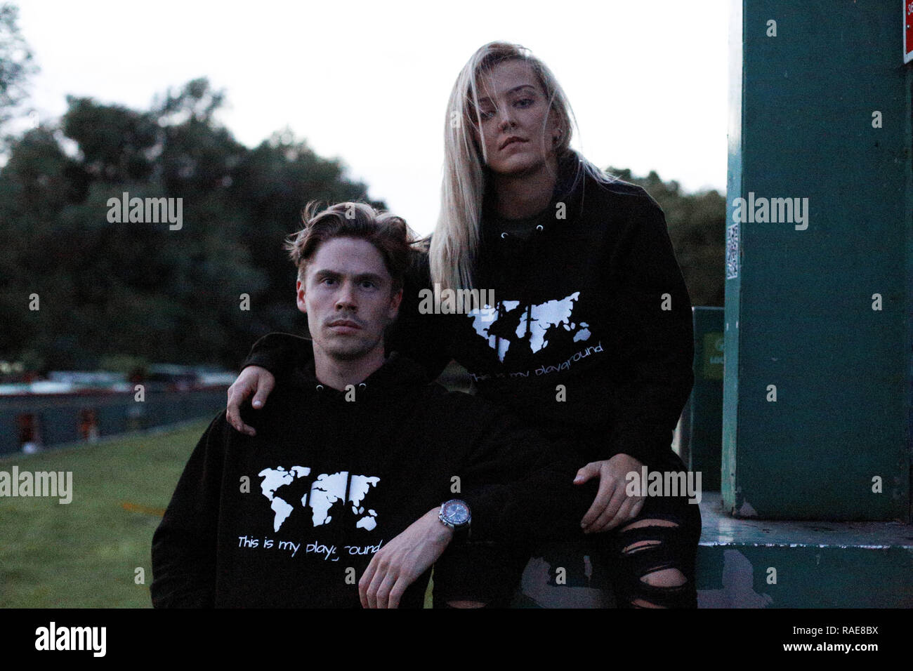 Charlie and Lauren model together for their previous clothing brand they began in the UK. THIS COUPLE from Peterborough who grew up alongside each o Stock Photo Alamy