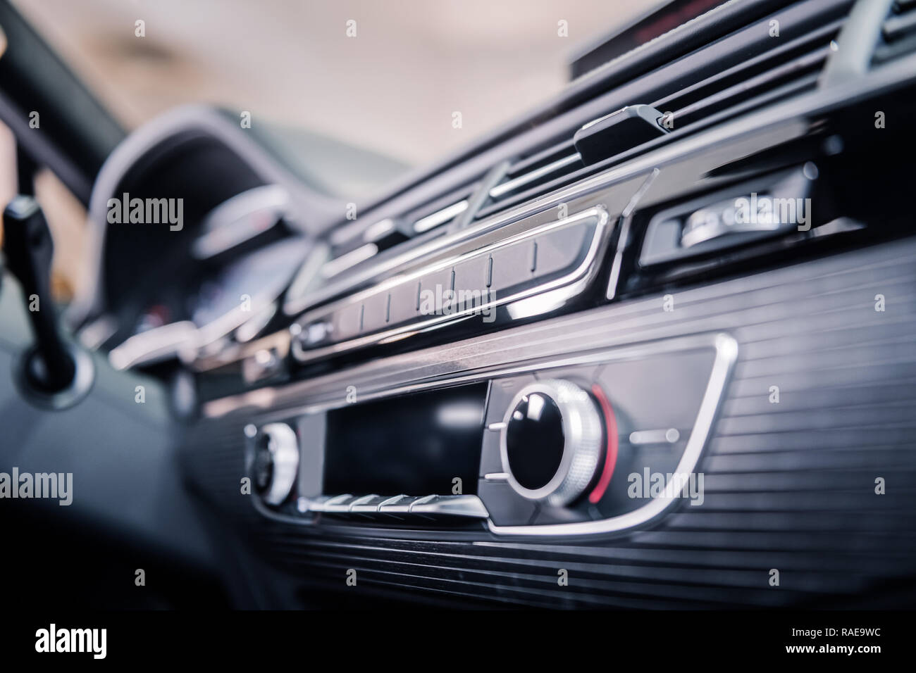 Close up of music system in nice big passenger car Stock Photo