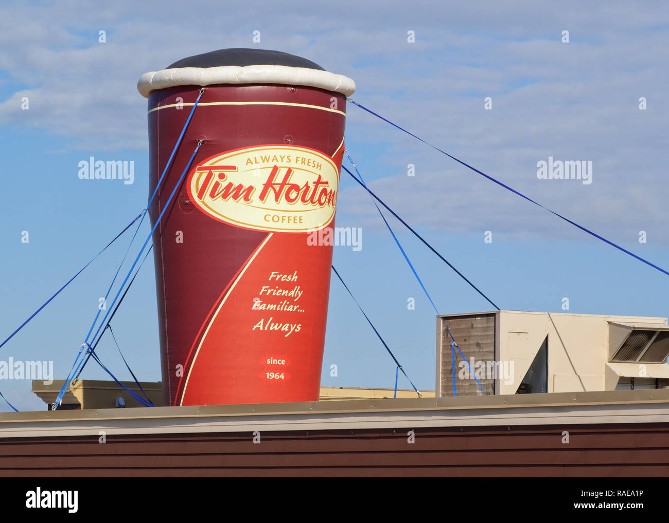 STEWIACKE, CANADA - JUNE 22, 2017: Tim Hortons display. Tim Hortons is a Canadian restaurant chain known for its coffee and doughnuts. In 2014 Burger  Stock Photo