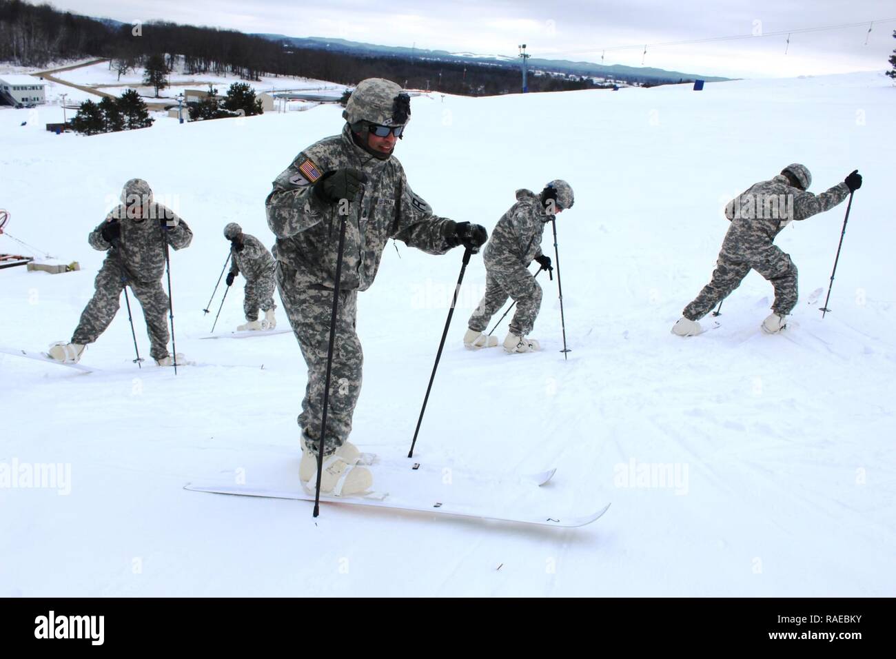 Soldiers with the 181st Multi-Functional Training Brigade participate in a skiing training session Jan. 27, 2017, at Whitetail Ridge Ski Area as part of the Cold-Weather Operations Course at Fort McCoy. The Cold-Weather Operations Course is the first of its kind coordinated by the Directorate of Plans, Mobilization, Training and Security, or DPTMS. It included participation by 11 Soldiers with the 181st and is taught by two instructors contracted to support DPTMS. Stock Photo