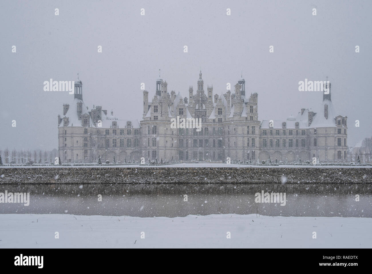 “Chateau de Chambord”, a Renaissance style castle, is registered as a UNESCO World Heritage Site and National Historic Landmark (French “Monument hist Stock Photo