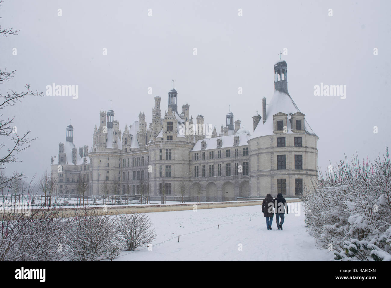 “Chateau de Chambord”, a Renaissance style castle, is registered as a UNESCO World Heritage Site and National Historic Landmark (French “Monument hist Stock Photo