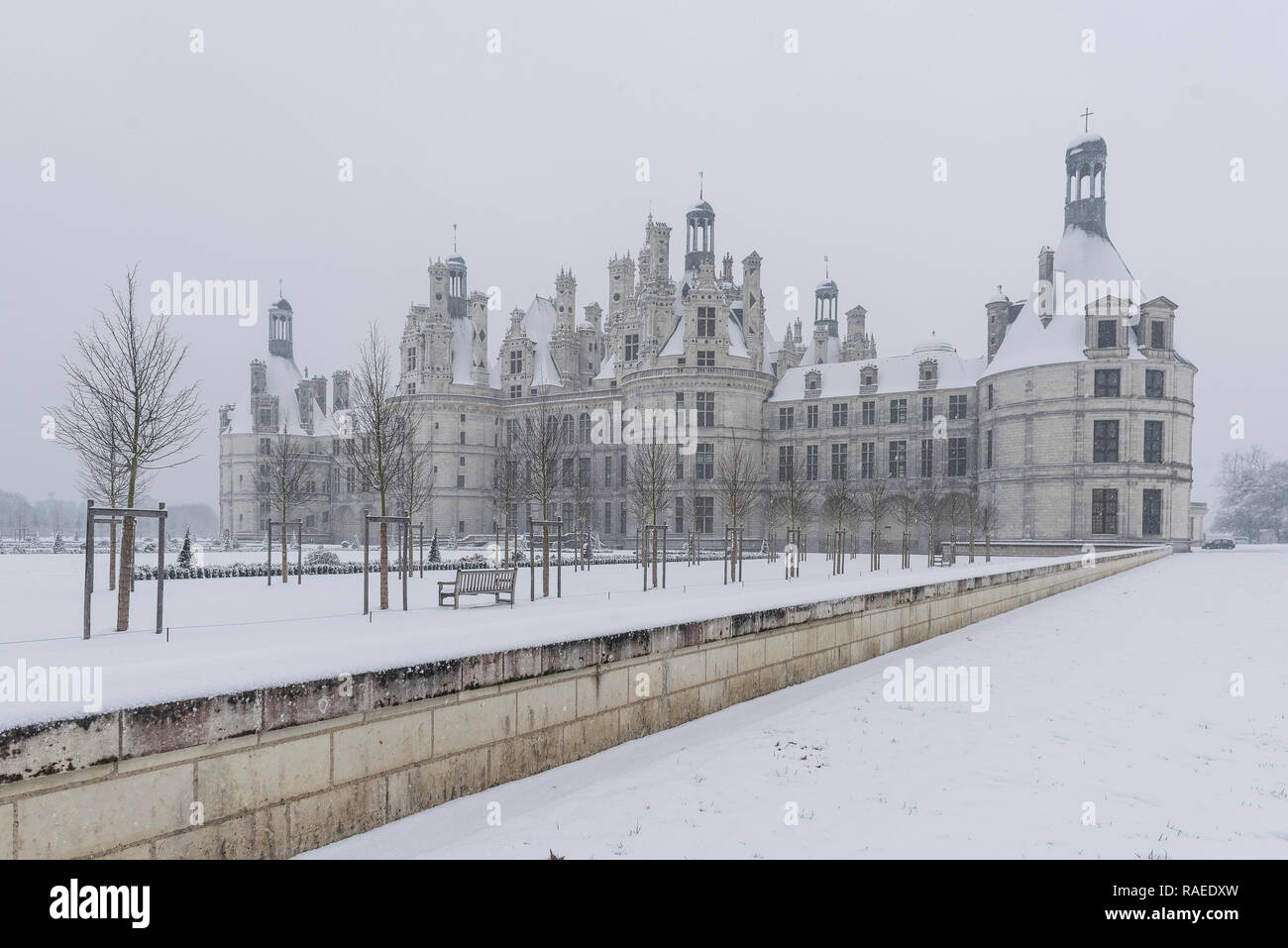 “Chateau de Chambord”, a Renaissance style castle, is registered as a UNESCO World Heritage Site and National Historic Landmark (French “Monument hist Stock Photo