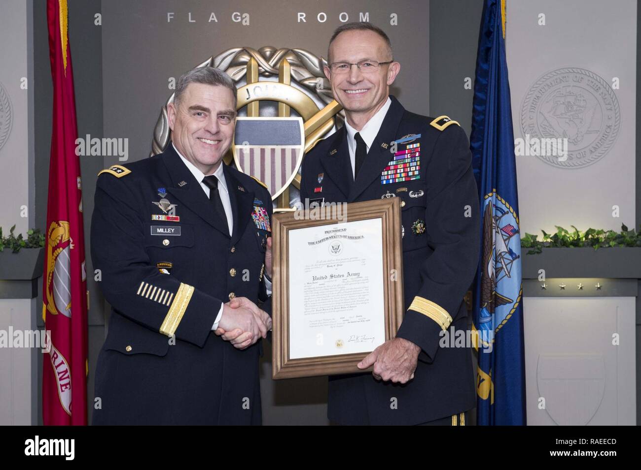 U.S. Army Chief of Staff, Gen. Mark A. Milley and Brig. Gen. Randy A. George during a promotion ceremony in the Pentagon, Arlington, Va., Jan. 12, 2017. Stock Photo