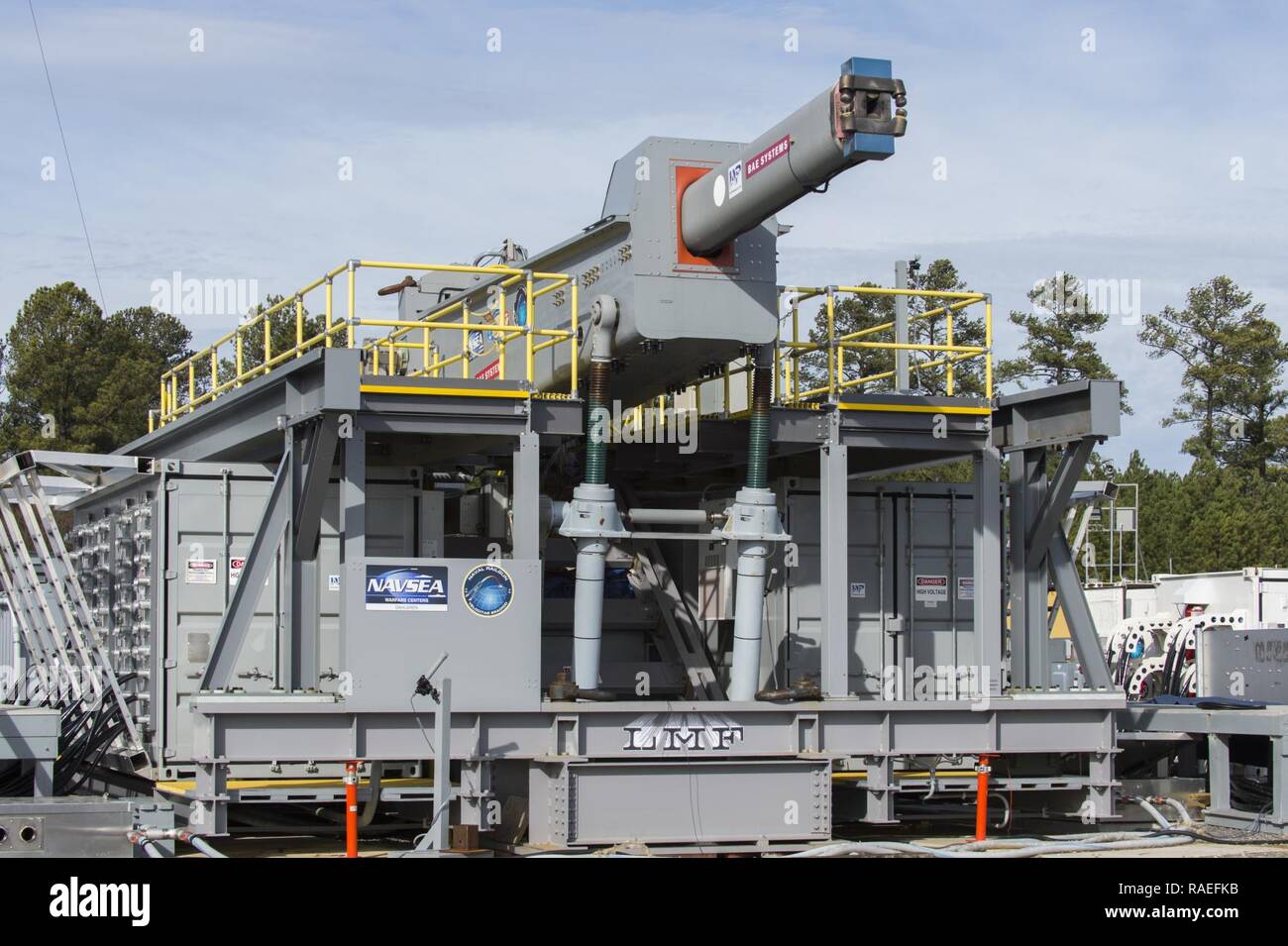 DAHLGREN, Va. (Jan. 12, 2017) The Office of Naval Research (ONR)-sponsored Electromagnetic Railgun (EMRG) at terminal range located at Naval Surface Warfare Center Dahlgren Division (NSWCDD). The EMRG launcher is a long-range weapon that fires projectiles using electricity instead of chemical propellants. Stock Photo