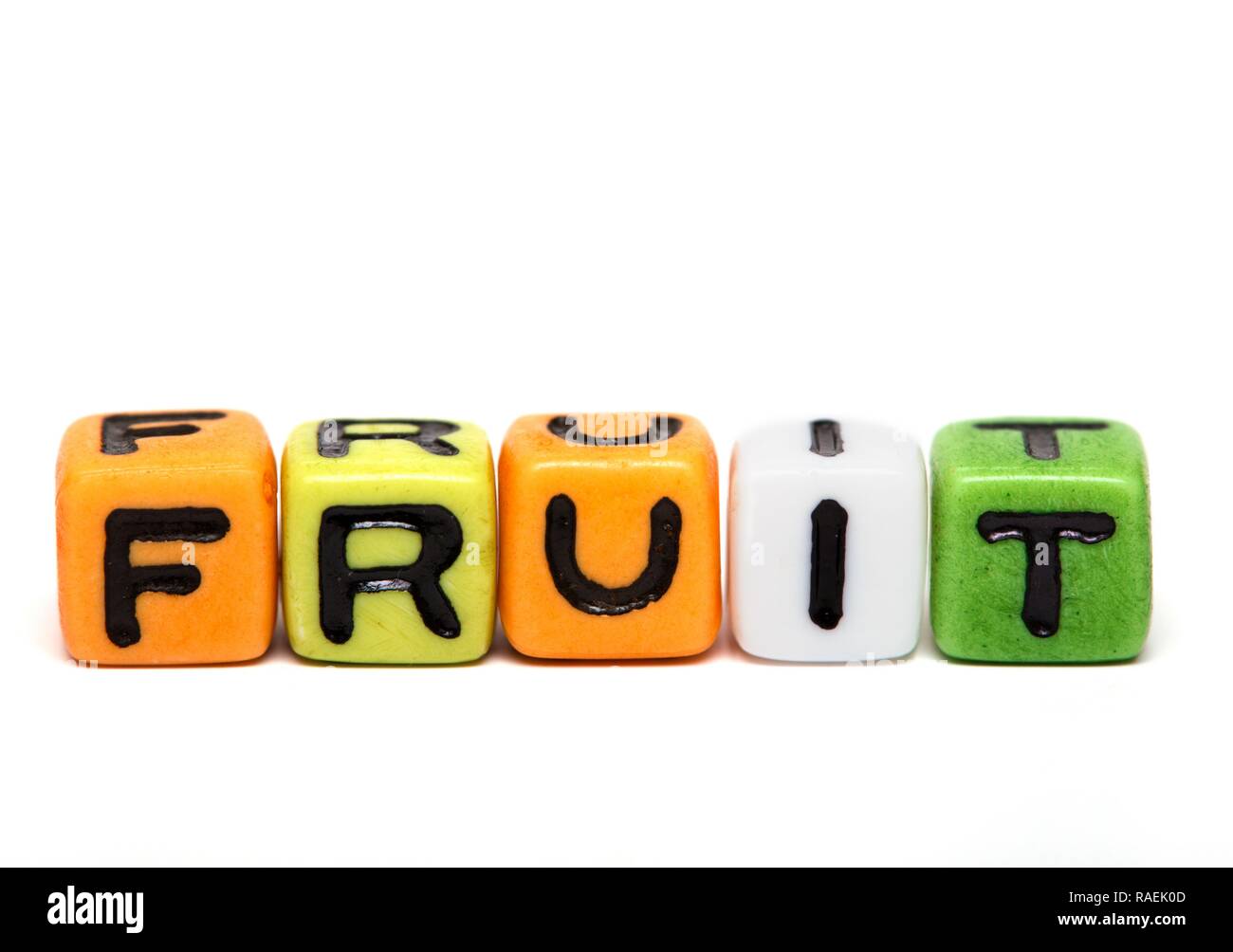 fruit word made from multicolored child toy cubes with letters Stock
