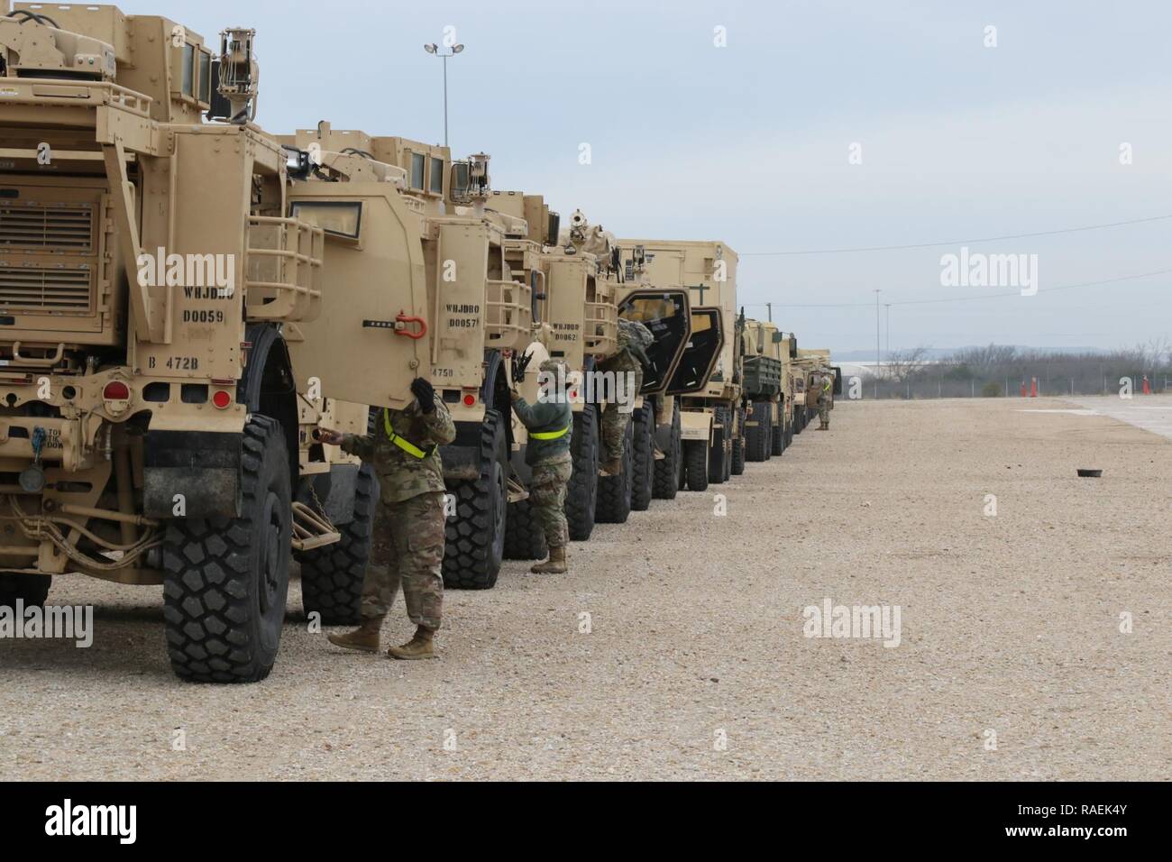 Soldiers with the 504th Military Intelligence Brigade prep their vehicles for rail load, Dec. 12, 2018, Fort Hood, Texas. They had their vehicles inspected by local civilians on the post to ensure the vehicles are safe for movement. Stock Photo