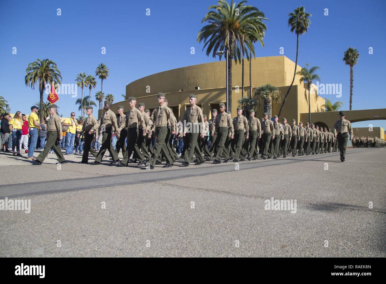 The new Marines of Echo Company, 2nd Recruit Training Battalion, reunite with their loved ones during Family Day at Marine Corps Recruit Depot San Diego, Dec. 13, 2018. After nearly thirteen weeks of training, the Marines of Echo Company will officially graduate from recruit training tomorrow. Stock Photo