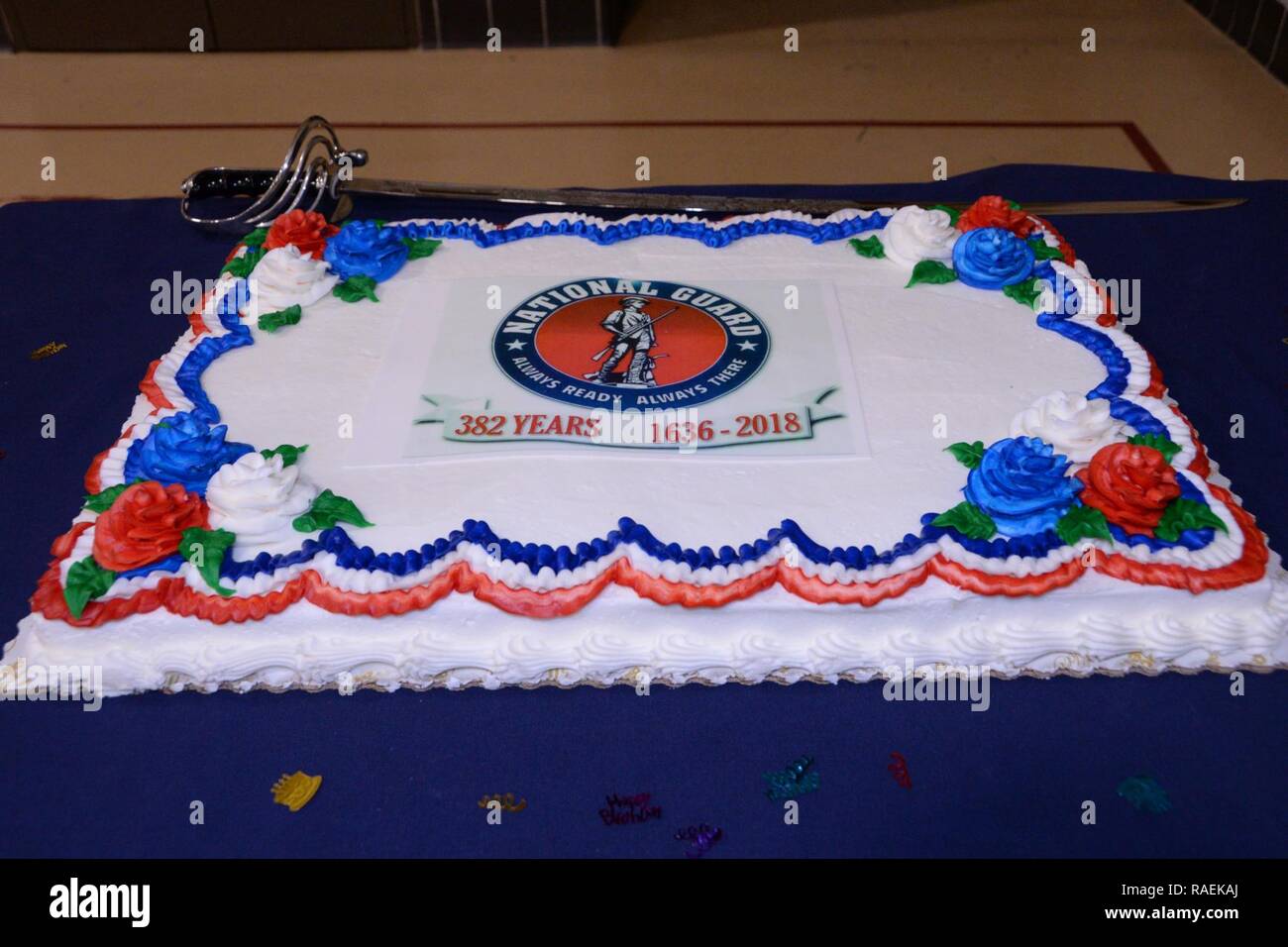 A birthday cake commemorating the National Guard's 382nd Birthday is ready for a ceremonial cake cutting at New York National Guard Headquarters in Latham, N.Y. on Thursday, Dec. 13, 2018. New York National Guard members and employees of the New York State Division of Military and Naval Affairs made time for a short ceremony to mark the National Guard's 382nd Birthday . ( U.S. Army National Guard Stock Photo