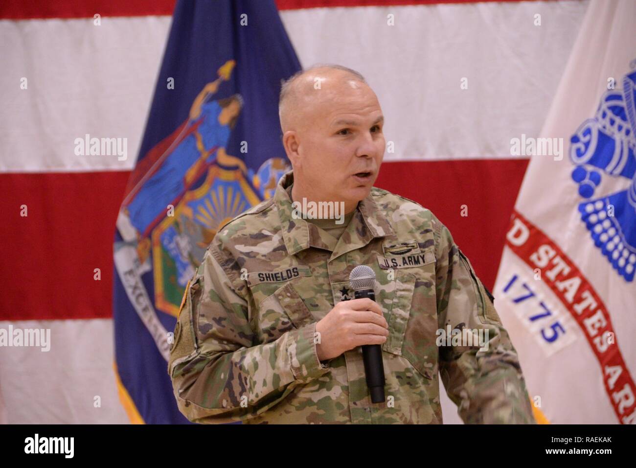 Major General Ray Shields, the Adjutant General of New York, speaks to Guard members and civilian employees during a ceremony marking the 382nd Birthday of the National Guard held at New York National Guard Headquarters in Latham, N.Y. on Thursday, Dec. 13, 2018. New York National Guard members and employees of the New York State Division of Military and Naval Affairs made time for a short ceremony to mark the National Guard's 382nd Birthday . ( U.S. Army National Guard Stock Photo
