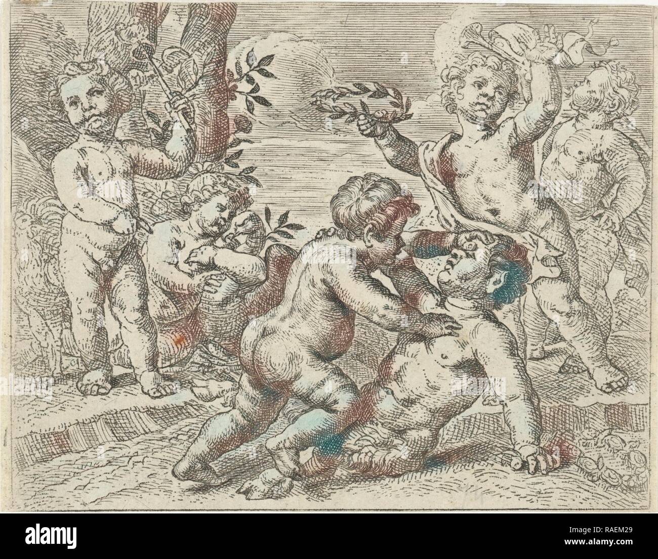 Fighting putti, Peter van Lint, 1619 - 169. Reimagined by Gibon. Classic art with a modern twist reimagined Stock Photo