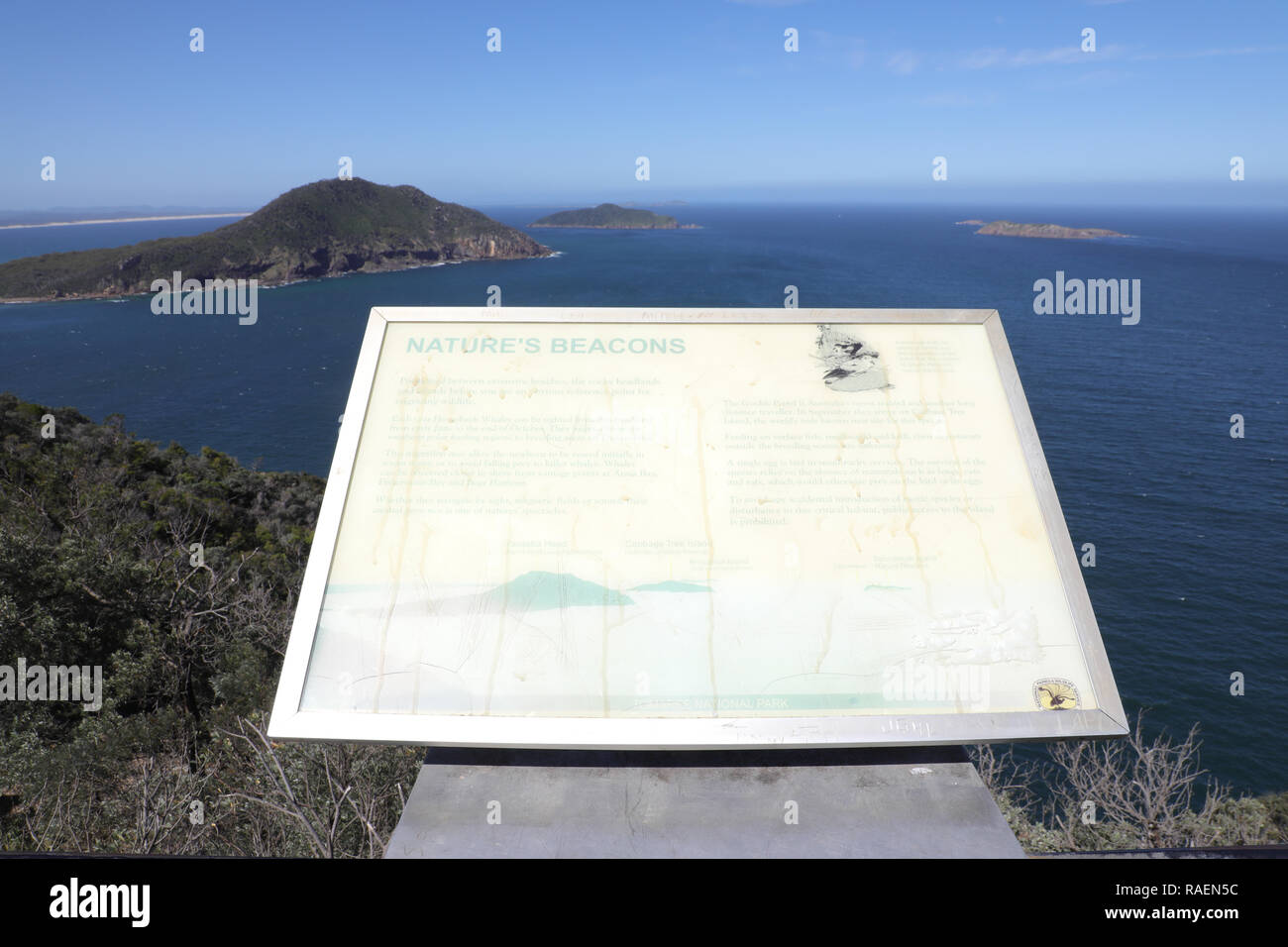 Natures Beacons - Yacaaba Head, Cabbage Tree Island (John Gould Nature Reserve), Broughton Island (Myall Lakes National Park) and and Boondelbah Islan Stock Photo