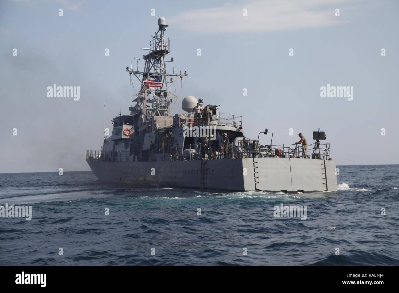 GULF OF OMAN (Dec. 15, 2018) The Cyclone-class Coastal Patrol ship USS Thunderbolt (PC 12)  patrols the Gulf of Oman. Thunderbolt is deployed to the U.S. 5th Fleet area of operations in support of naval operations to ensure maritime stability and security in the Central Region, connecting the Mediterranean and the Pacific through the western Indian Ocean and three strategic choke points. Stock Photo