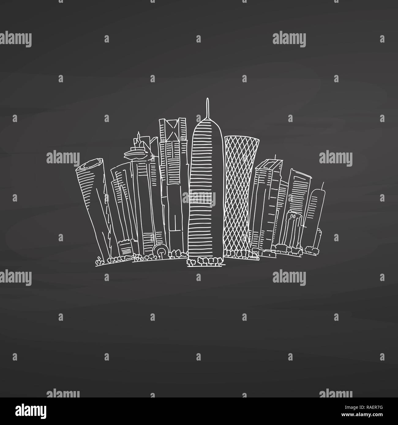 Doha Qatar Skyline on blackboard. Hand-drawn vector illustration. Famous travel destinations series. Stock Vector