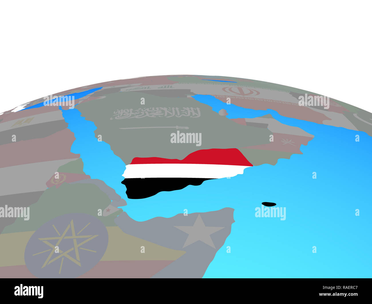 Yemen with national flag on political globe. 3D illustration Stock ...