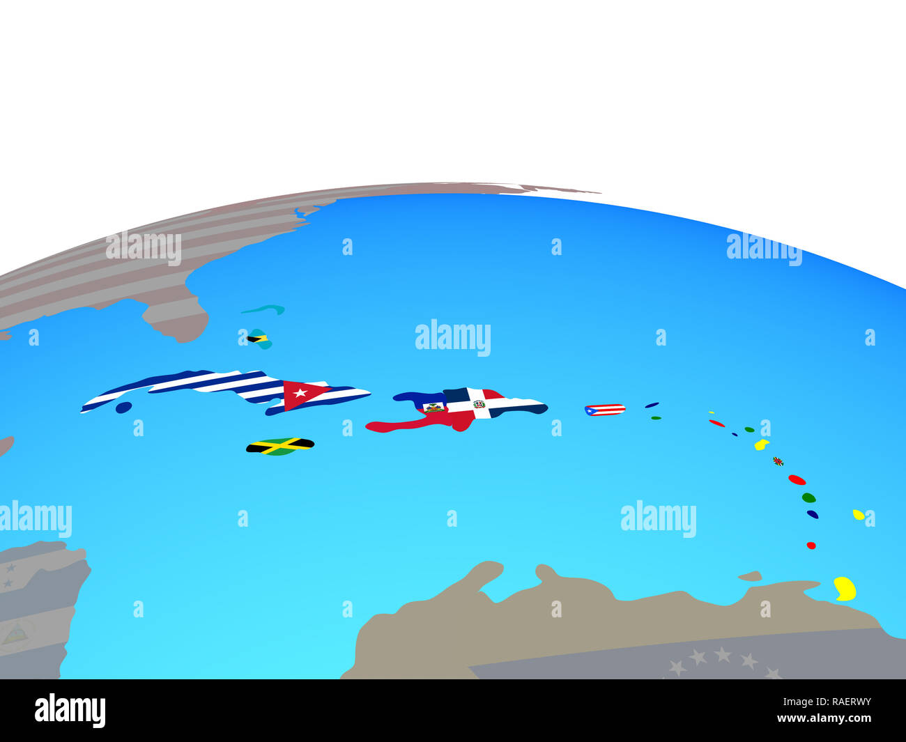 Caribbean with national flags on political globe. 3D illustration. Stock Photo