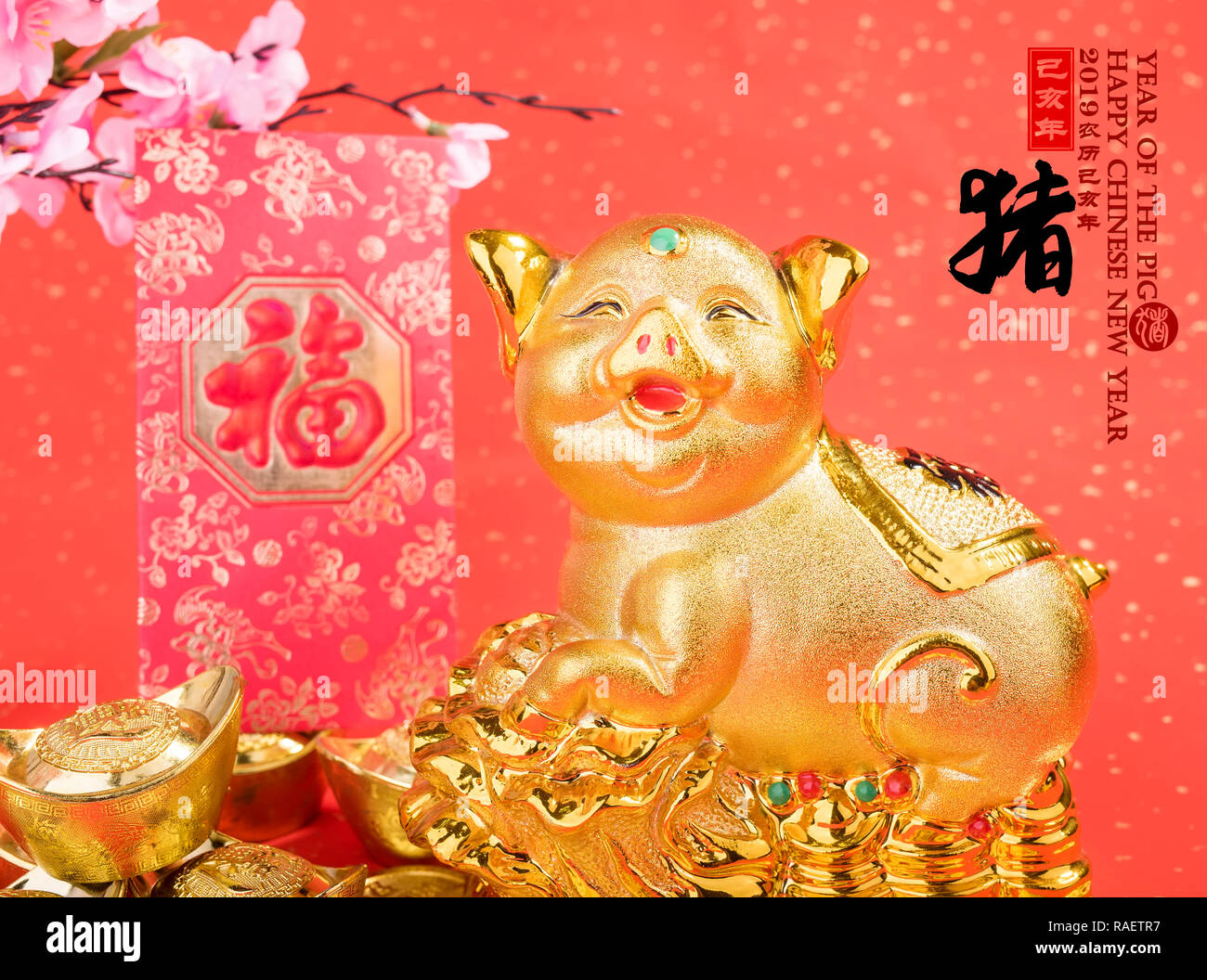 2019 is year of the pig,Golden piggy bank with red background,calligraphy translation: good bless for saving and wealth. Chinese Language on envelop m Stock Photo