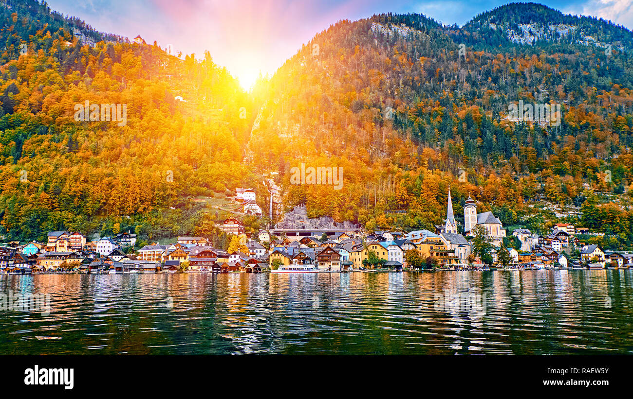 Panoramic Scenic Sunrise View Of Austrian Alps Hallstatt Mountain 
