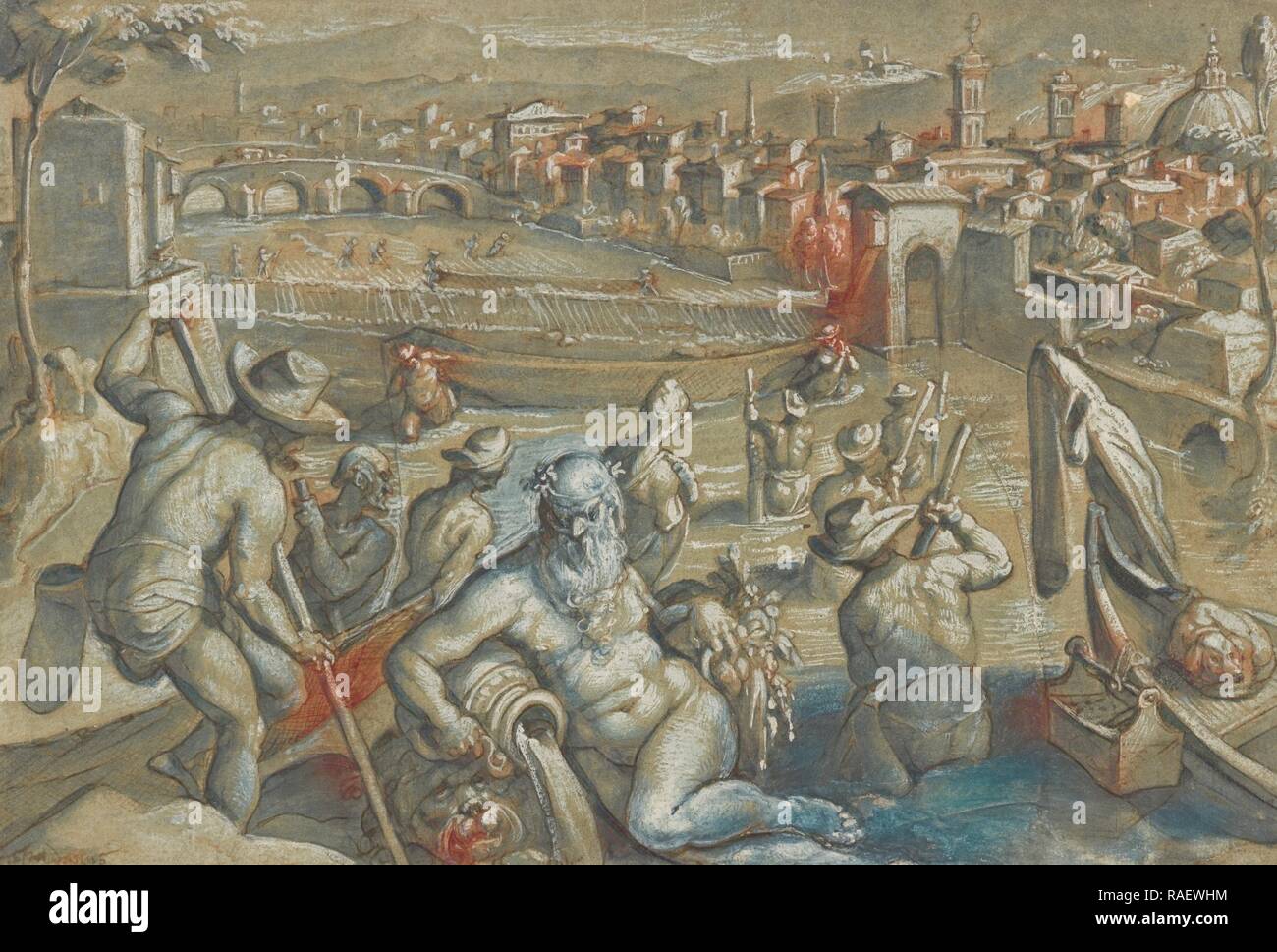 The Arno with Fishermen, Stradanus (Flemish, 1523 - 1605), Netherlands, between 1580 and 1596, Pen and brown ink reimagined Stock Photo