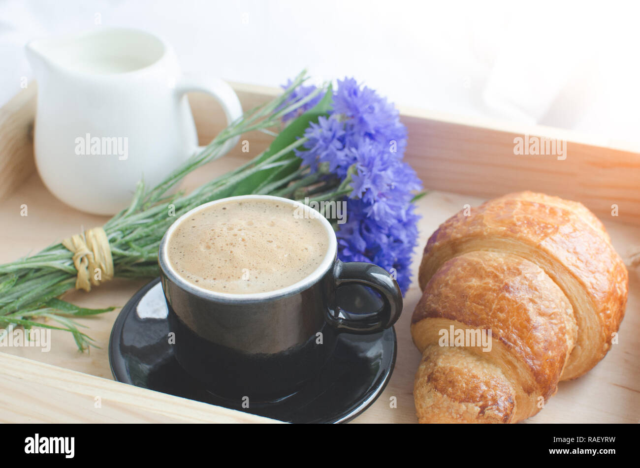 Romantic Summer Breakfast In Bed Tray With Fresh Croissant Cup