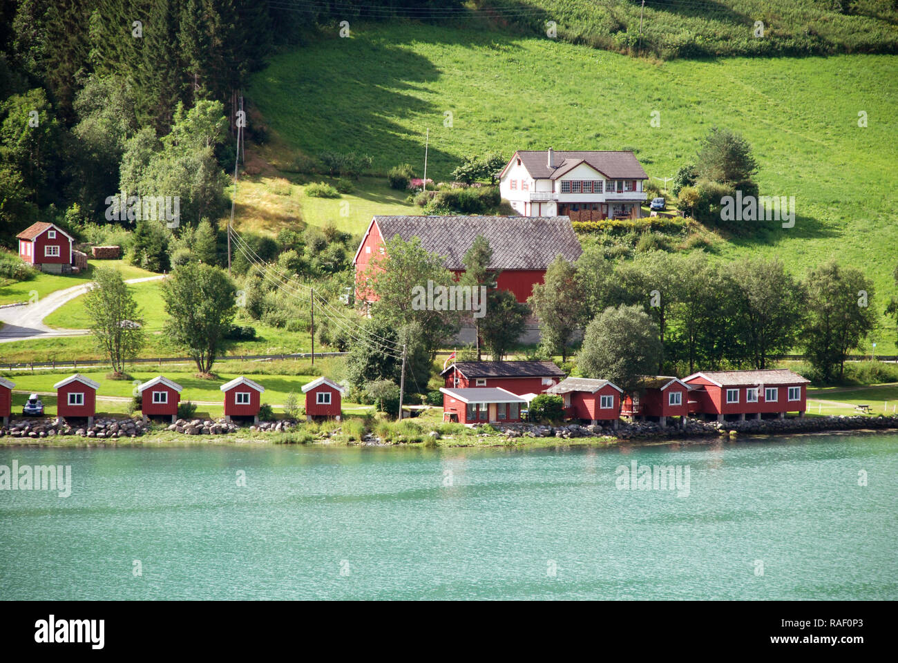 Small red houses at Olden, Norway.Olden is a village and urban area in