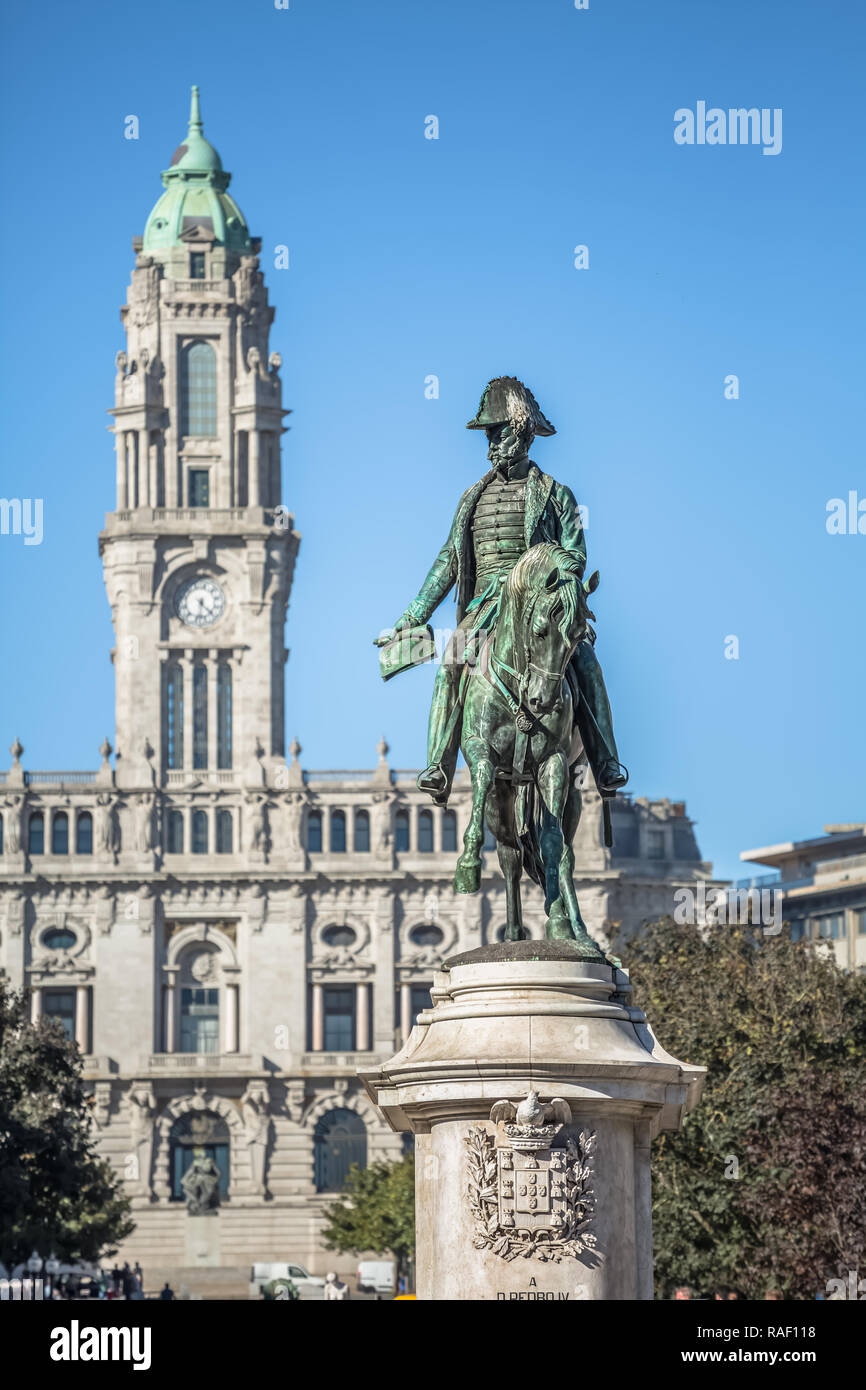 Porto / Portugal - 10/06/2018: View at the Dom Pedro IV statue and city council building on background Stock Photo