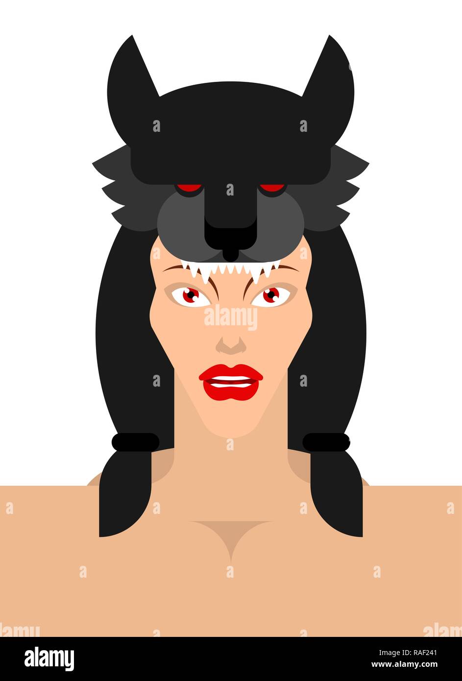 Girl with Wolf headdress. woman face and wolf head Stock Vector