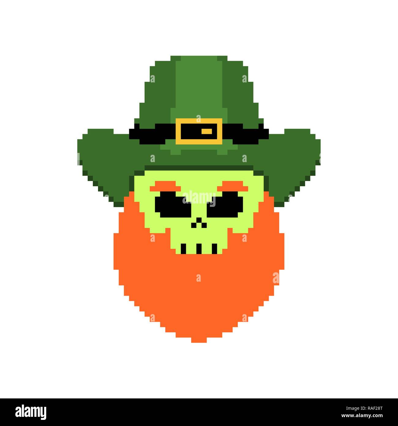 Skull of Leprechaun pixel art. Skeleton head with beard. Holiday of Ireland. St.Patrick 's Day. Traditional Irish holiday. Stock Vector