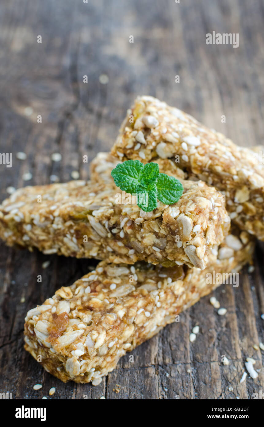 Healthy dessert snacks. Fitness dietary food. Three granola bars with